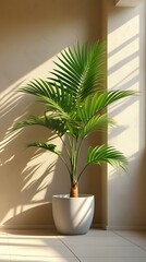 Obraz premium Lush green palm plant in a modern white pot, placed in a sunlit corner of a minimalist interior. Vibrant tropical leaves casting natural shadows on a warm beige wall