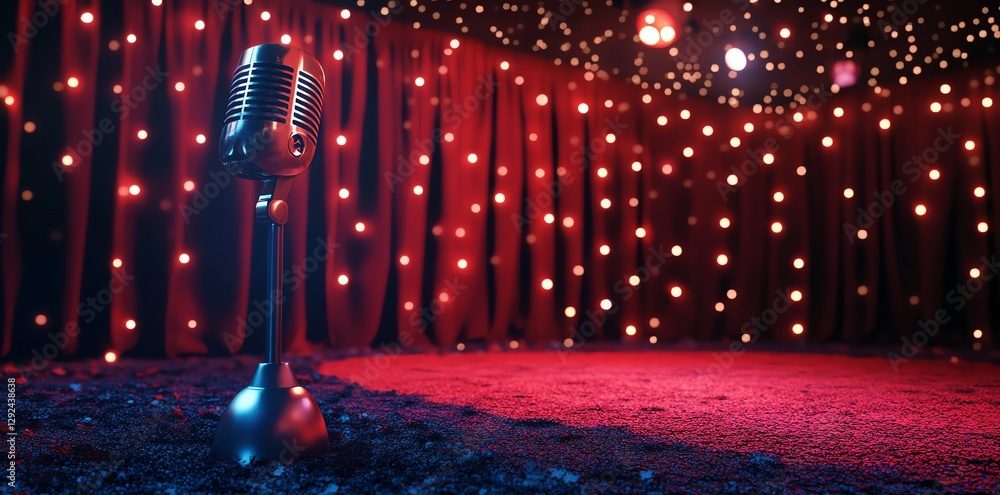 Poster retro microphone on stage with red curtain and string lights