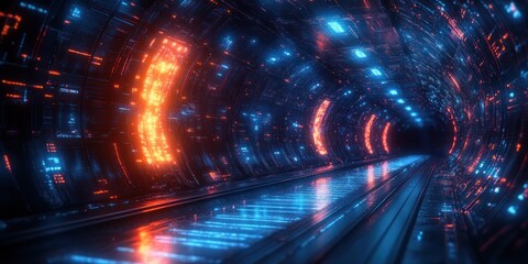 Fototapeta premium Futuristic Digital Abstract Art with Glowing Lines and Geometric Shapes in Neon Blue and Black Abstract Cyber Technology Illustration