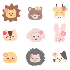 Obraz premium お花やイチゴをつけておめかしした可愛い動物の春アイコンセット 手書きの可愛いイラスト