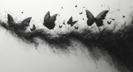 Black Butterflies Swirling on White Canvas Artistic Illustration