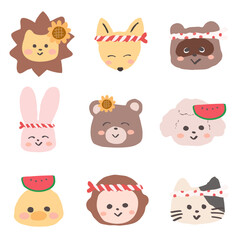 夏のものをつけたり鉢巻を巻いておめかしした可愛い動物の夏アイコンセット　手書きの可愛いイラスト