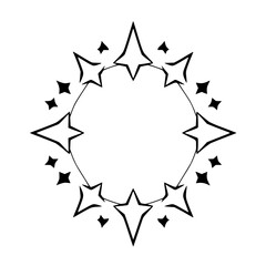 Celestial Ornament: A stylized black and white image of a circle with stylized stars in a minimalist design, representing a decorative element with a celestial or whimsical theme.
