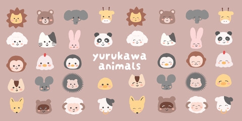 手書きの可愛い動物のアイコンセット　普通の顔とにっこり笑顔　幼稚園　保育園　可愛いイラスト