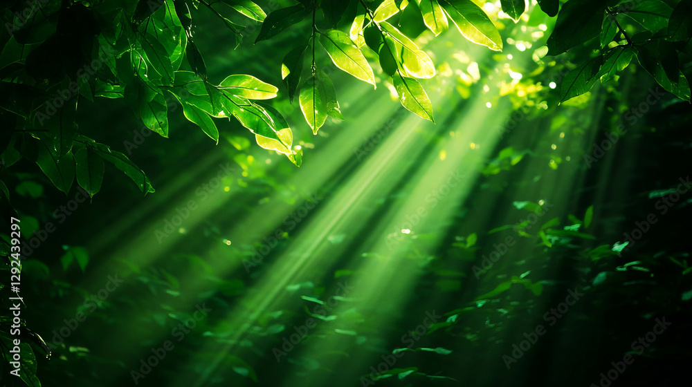 Aufkleber sunlight filtering through dense foliage creating a lush green jungle atmosphere
