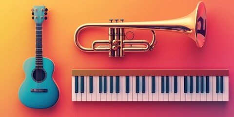 Naklejka premium A Vibrant Musical Composition Featuring a Guitar, Trumpet, and Piano on a Colorful Background