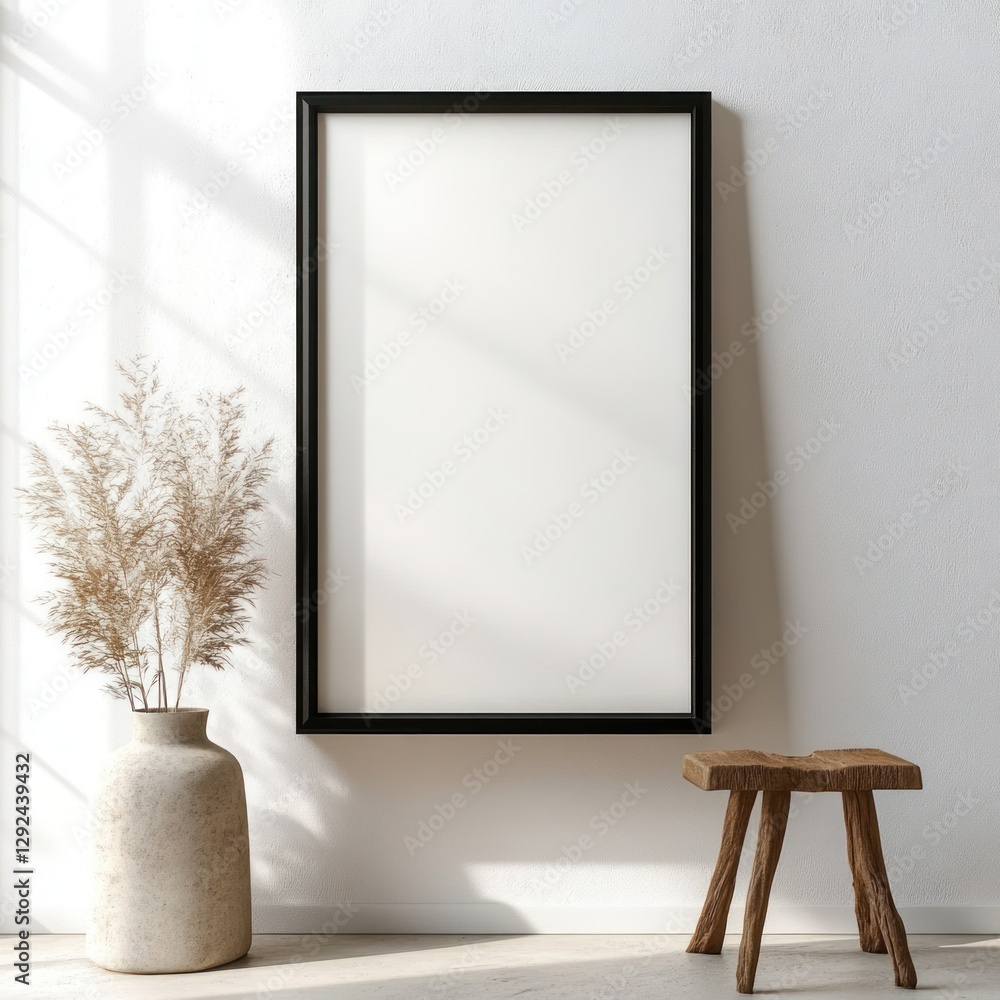 Poster minimalist art display with framed blank canvas in soft natural lighting