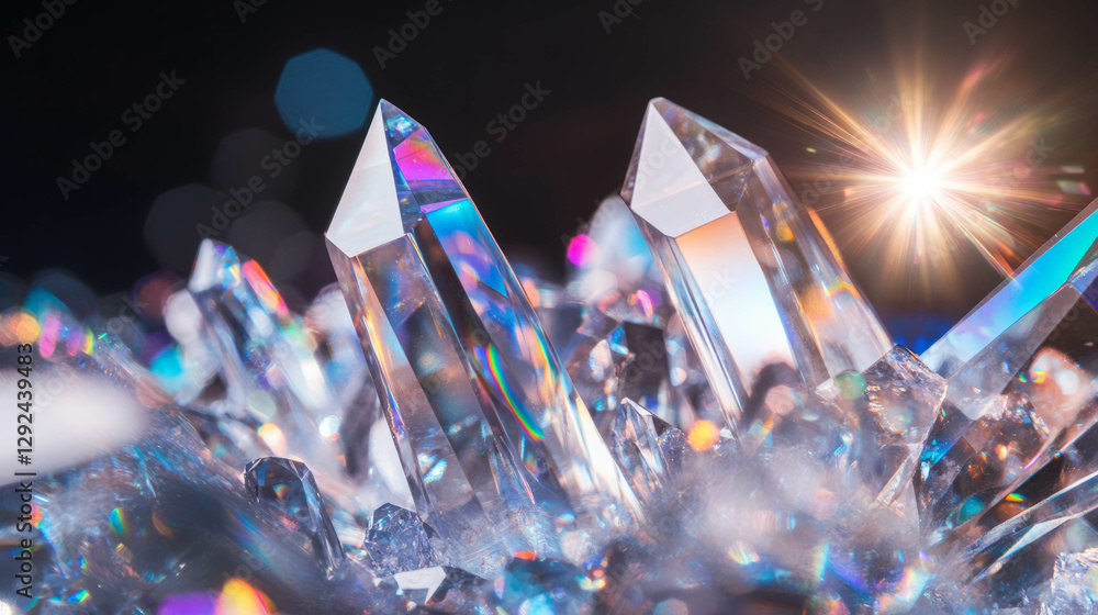 Poster sunlight on crystal facets creating colorful spectrum effects
