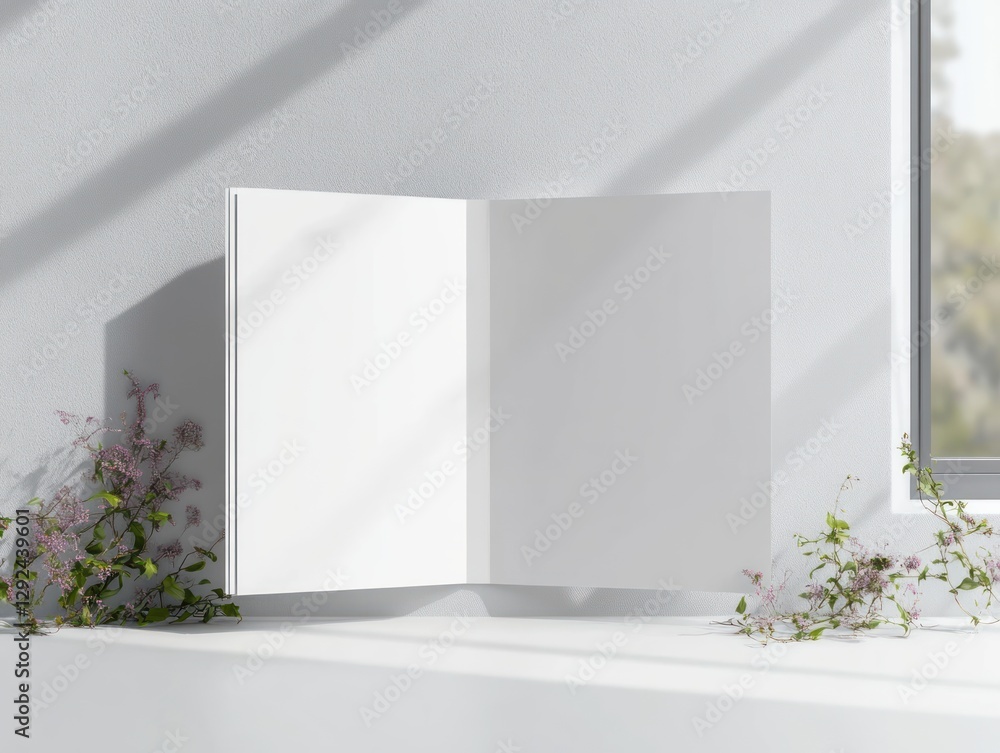 Poster closed white brochure mockup on light gray background with soft shadows and symmetrical layout