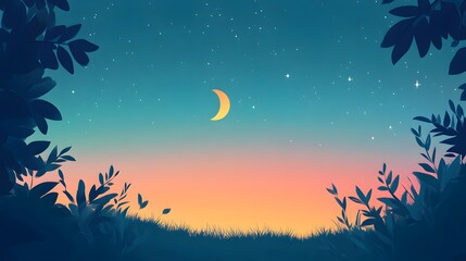 Naklejka premium A calming crescent moon shines in the night sky with stars