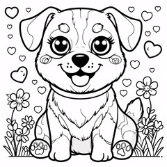 Fototapeta premium Playful Puppy Drawing with Friendly Expression for Kids Book Covers and Fun Educational Coloring Pages for Young Children Drawing Illustration with Heart and Flowers
