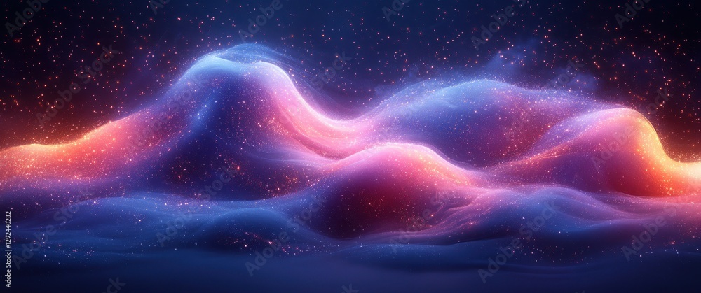 Poster dynamic flowing waves abstract art in blue and purple with soft backlighting and translucent lines