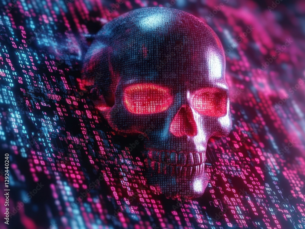 Poster cyber security digital art with skull and crossbones illustrating cyber crime and virtual threats