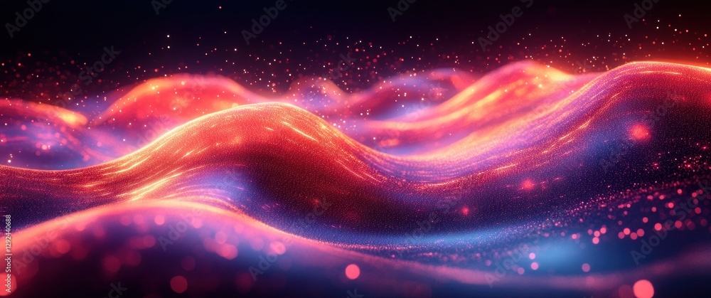 Poster dynamic abstract wave design with neon light effect and flowing patterns on dark blue background