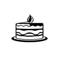 Black and white image of a stylized cake with a lit candle on top.