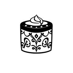 Black and white illustration of a decorated cake with a delicate floral design,  simple and elegant.
