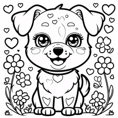 Fototapeta premium Sweet Smiling Dog Line Drawing for Kids Book Covers and Fun Engaging Coloring Pages for Creative Exploration by Young Children Drawing Illustration with Heart and Flowers