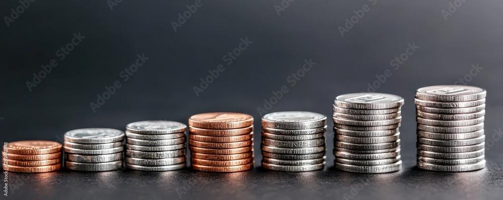 Aufkleber a row of stacked coins in varying heights, showcasing a progression from smaller to larger stacks ag