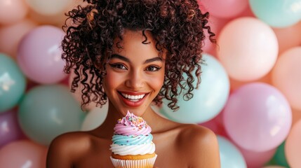 Happy Young Woman with Colorful Cupcake Against Pastel Balloon Background
