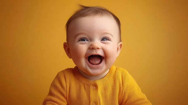 A cheerful baby with a wide smile sits in front of a bright yellow backdrop. Clad in a cozy yellow sweater, the little one radiates pure joy and warmth