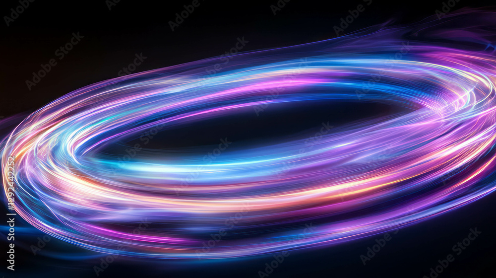 Poster neon light swirls creating translucent smoke ring effect in abstract background