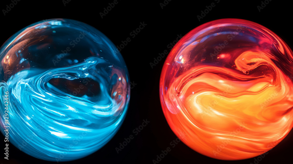 Poster abstract colorful background with transparent spheres and fluid patterns