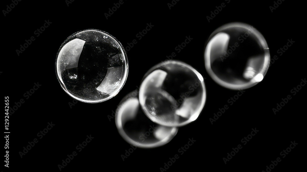 Poster abstract background with transparent floating spheres on dark surface
