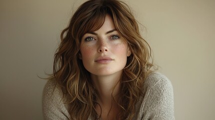Obraz premium Natural Portrait of Young Woman with Freckles and Wavy Hair Smiling Softly