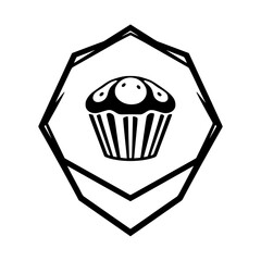 Monochrome Muffin in Geometric Frame, illustrating a simple black and white visual, a cupcake.