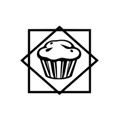 Simple illustration of a muffin within a square and an eight-pointed star frame, monochrome graphic.