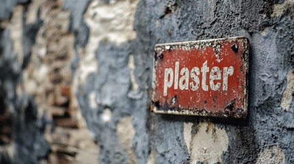A Rusty Red Plaster Sign Affixed to a Weathered and Textured Stone Wall with Weathered Surface Patterns and Textures