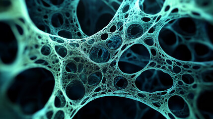 Intricate network of interconnected cells, showcasing organic structures and patterns. design features blend of blue and green hues, creating mesmerizing visual effect