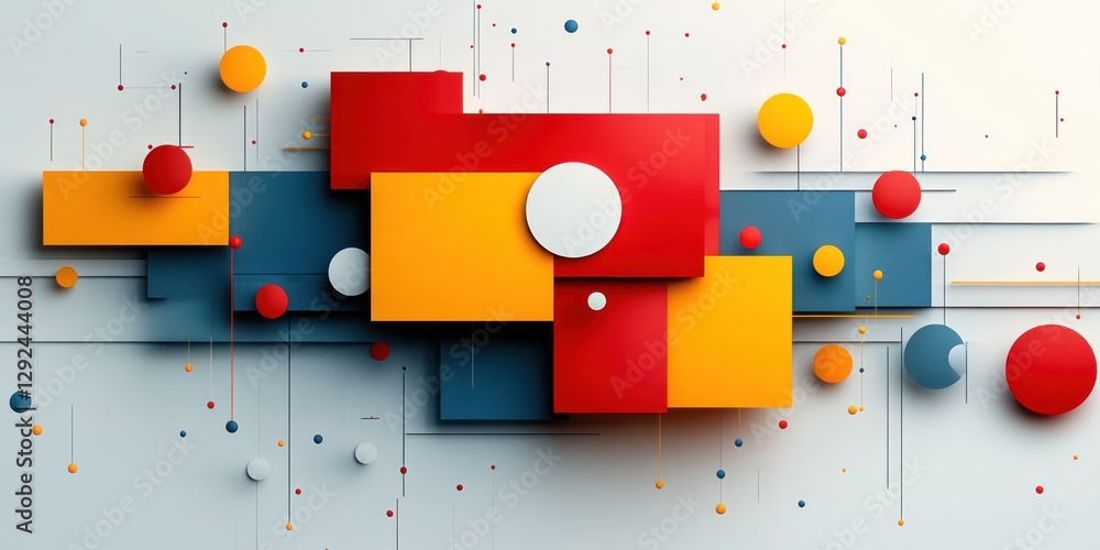 Aufkleber Abstract Geometric Technology Design with Red Yellow Blue Shapes Soft Shadows and White Background