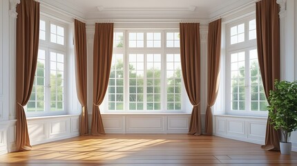 Elegant classic interior with tall windows, brown curtains, and a potted green plant, featuring natural light, wooden flooring, and white wall paneling, perfect for backgrounds or decor themes
