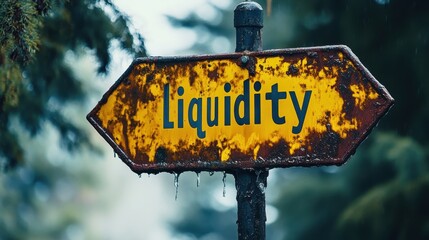 Weathered yellow road sign displaying "Liquidity" with rustic texture set amidst a blurred natural forest backdrop, symbolizing fluidity of resources.