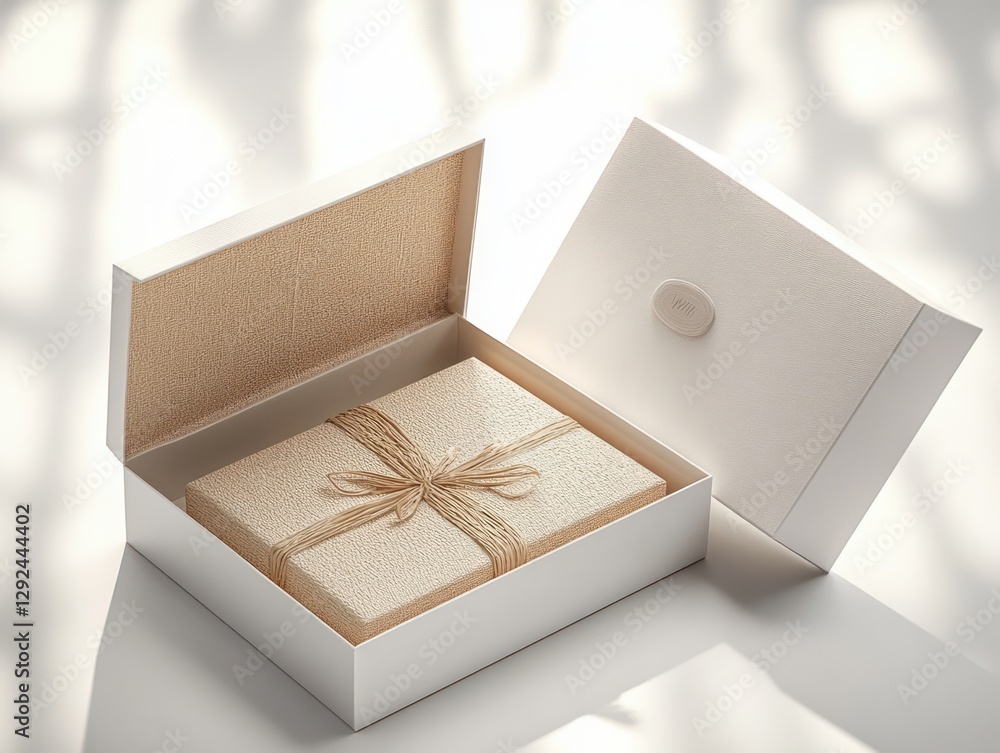 Poster minimalist open white box mockup with beige envelope and textures in scandinavian design style