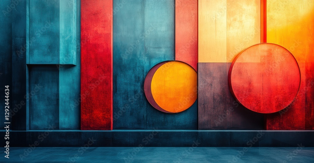 Poster Abstract Modern Geometric Technology Design with Circular and Rectangular Shapes in Blue Red and Orange