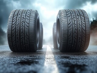 Obraz premium Hyper-realistic 3D Rendering of Tires on Wet Asphalt Road with Headlight Effects