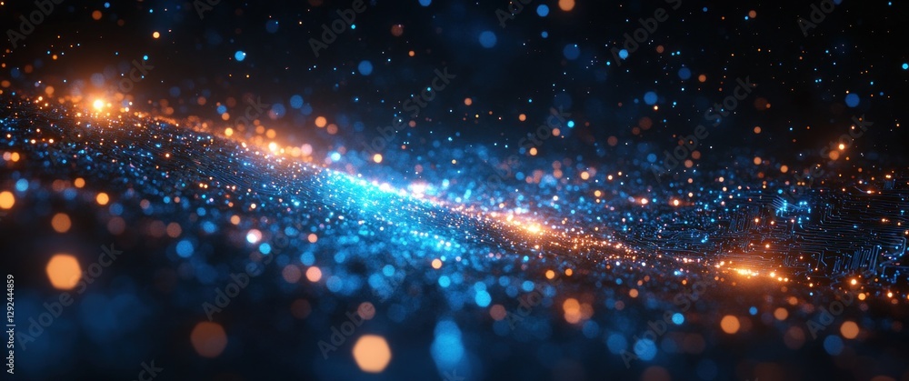 Poster futuristic digital art with glowing circuit patterns and dynamic composition in blue gradient backgr