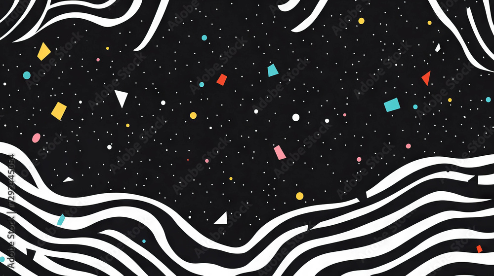 Poster festive background with wavy lines and colorful confetti patterns for creative designs