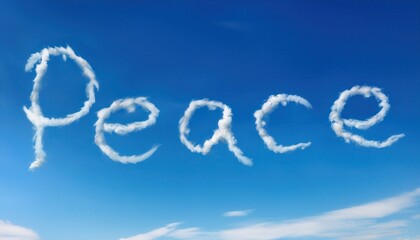 Fototapeta premium Fluffy Clouds Forming the Word Peace in Blue Sky