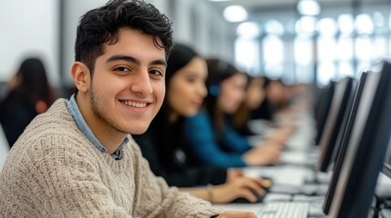 A young male student smiles while seated at a computer in a classroom. Other students are focused on their screens, creating a collaborative learning environment
