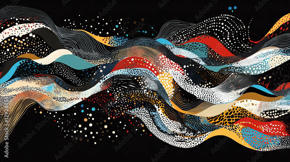 Poster dynamic abstract background with colorful wavy lines, squiggles, and dots for creative design