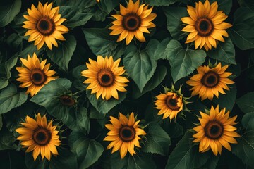 Sunflowers in full bloom surrounded by lush green leaves during a bright afternoon