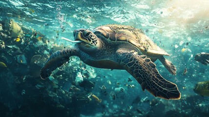 Obraz premium Turtle Swimming Through Polluted Ocean Waters
