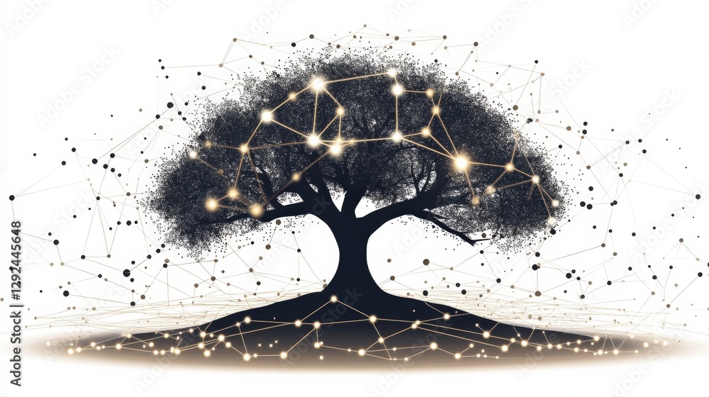 Poster a stylized tree with glowing connections representing growth and technology in a serene environment