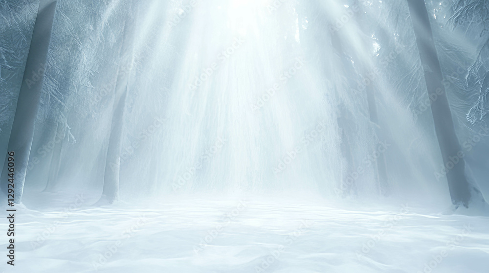 Poster ethereal winter forest with sunlight streaming through trees creating a mystical atmosphere