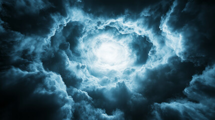 Surreal sky clouds forming a mystical vortex with radiant light