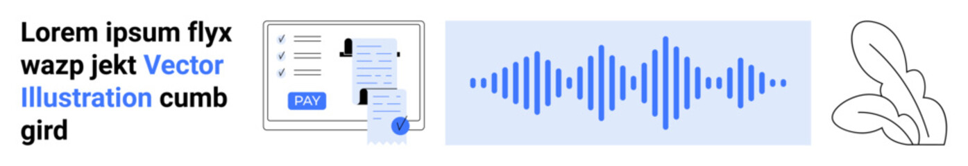 Payment form with credit card, blue audio waveform line, abstract leaf drawing. Ideal for fintech, technology, audio processing, transactions, digital solutions, nature concepts abstract line flat