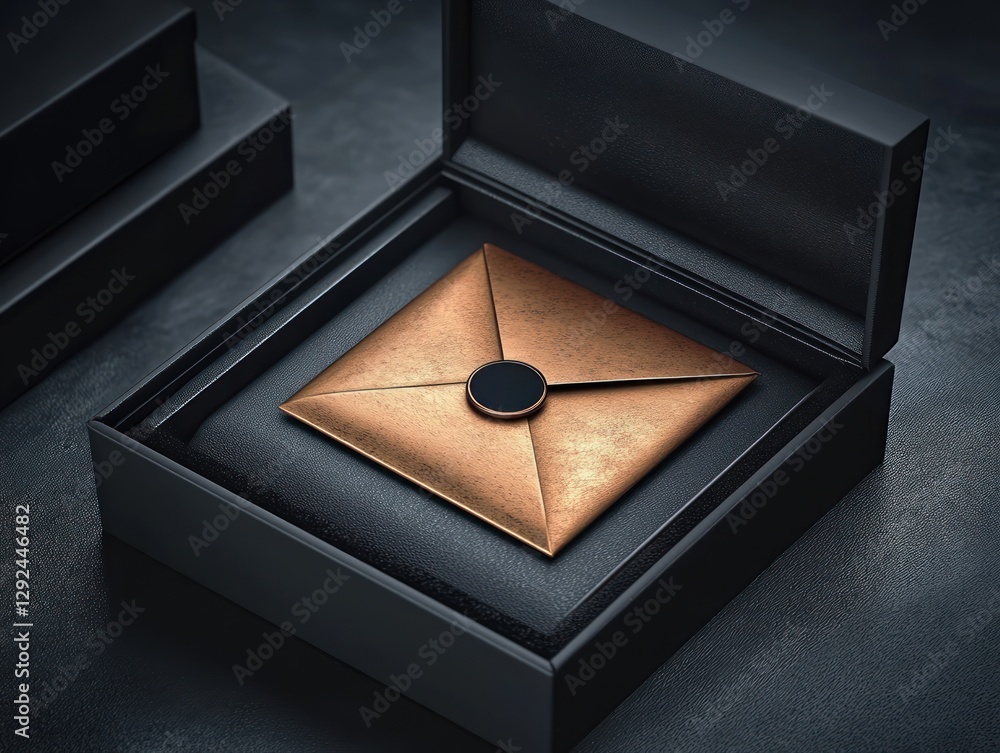 Poster elegant modern black boxes with copper gold wrapping paper and black circle label in 3d rendering